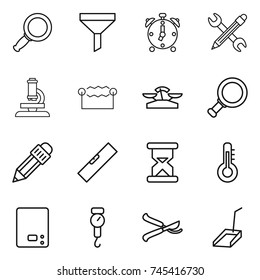 thin line icon set : magnifier, funnel, alarm clock, pencil wrench, microscope, electrostatic, scales, level, sand, thermometer, kitchen, handle, pruner, scoop