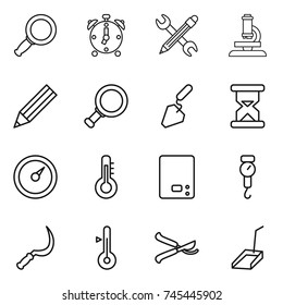 thin line icon set : magnifier, alarm clock, pencil wrench, microscope, construction, sand, barometer, thermometer, kitchen scales, handle, sickle, pruner, scoop