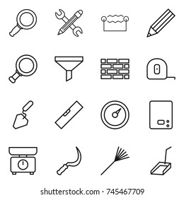 thin line icon set : magnifier, pencil wrench, electrostatic, funnel, brick wall, measuring tape, construction, level, barometer, kitchen scales, sickle, rake, scoop
