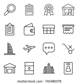 thin line icon set : magnifier, clipboard, medal, warehouse, wallet, market, atm receipt, skyscraper, plane, sms, do not trolley sign, barrel, hotel, identity card