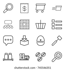 thin line icon set : magnifier, receipt, delivery, structure, cpu, basket, list, sms, package, egg timer, meat hammer, salt pepper, food processor, coffee seeds, viruses