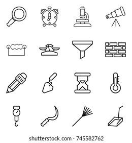 thin line icon set : magnifier, alarm clock, microscope, telescope, electrostatic, scales, funnel, brick wall, pencil, construction, sand, thermometer, handle, sickle, rake, scoop