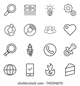 thin line icon set : magnifier, money, bulb, gear, circle diagram, group, heart, spark plug, phone, nipple, globe, mobile checking, fire, cake