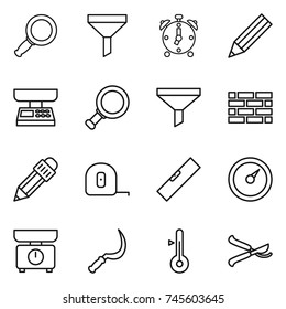 thin line icon set : magnifier, funnel, alarm clock, pencil, market scales, brick wall, measuring tape, level, barometer, kitchen, sickle, thermometer, pruner