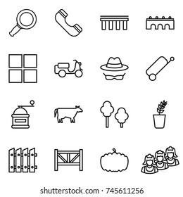 thin line icon set : magnifier, phone, bridge, window, scooter shipping, confidential, suitcase, hand mill, cow, trees, seedling, fence, farm, pumpkin, outsource
