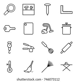 thin line icon set : magnifier, tools, nail, ruler, key, cutting board, vacuum cleaner, pan, handle scales, garlic clasp, whisk, rolling pin, thermometer, broom, rake, iron