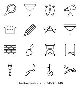 thin line icon set : magnifier, funnel, alarm clock, telescope, electrostatic, pencil, scales, brick wall, construction, sand, kitchen, handle, sickle, thermometer, pruner