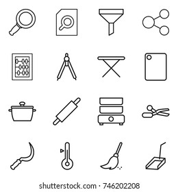 thin line icon set : magnifier, search document, funnel, share, abacus, drawing compasses, iron board, cutting, pan, rolling pin, double boiler, scissors, sickle, thermometer, broom, scoop