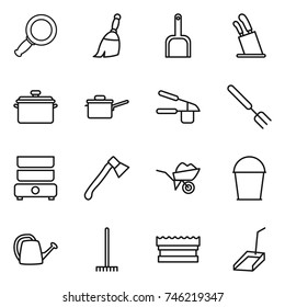 thin line icon set : magnifier, broom, scoop, stands for knives, pan, saute, garlic clasp, big fork, double boiler, axe, wheelbarrow, bucket, watering can, rake, sponge