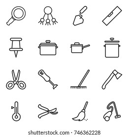 thin line icon set : magnifier, share, construction, level, pin, pan, saute, scissors, blender, rake, axe, thermometer, pruner, broom, vacuum cleaner