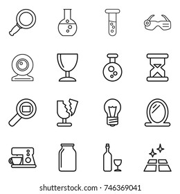 thin line icon set : magnifier, round flask, vial, smart glasses, web cam, wineglass, chemical, sand clock, cargo search, broken, bulb, mirror, coffee maker, bank, wine, clean floor
