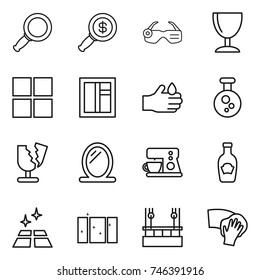 thin line icon set : magnifier, dollar, smart glasses, wineglass, window, acid, chemical, broken, mirror, coffee maker, ketchup, clean floor, skysrcapers cleaning, wiping