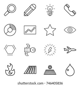 thin line icon set : magnifier, pencil, bulb, phone, circle diagram, statistics, star, eye, hex molecule, satellite, lightning, plane, fire, field, drop
