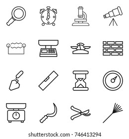 thin line icon set : magnifier, alarm clock, microscope, telescope, electrostatic, market scales, brick wall, construction, level, sand, barometer, kitchen, sickle, pruner, rake