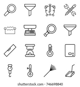 thin line icon set : magnifier, funnel, alarm clock, pencil wrench, electrostatic, market scales, level, sand, thermometer, kitchen, handle, rake, scoop