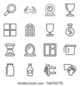 thin line icon set : magnifier, smart glasses, web cam, wineglass, window, arch, fragile, chemical, sand clock, mirror, measuring cup, bank, ketchup, skyscrapers cleaning, wiping