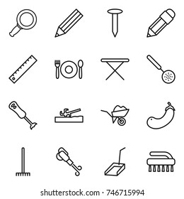 thin line icon set : magnifier, pencil, nail, ruler, cafe, iron board, skimmer, blender, soil cutter, wheelbarrow, eggplant, rake, blower, scoop, brush