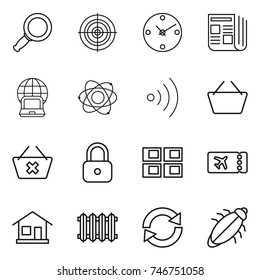 thin line icon set : magnifier, target, clock, newspaper, notebook globe, atom, wireless, basket, delete cart, lock, panel house, ticket, home, radiator, reload, bug