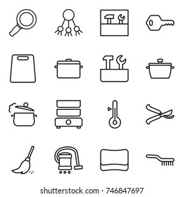 thin line icon set : magnifier, share, tools, key, cutting board, pan, repair, steam, double boiler, thermometer, pruner, broom, vacuum cleaner, sponge, brush