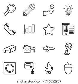 thin line icon set : magnifier, pencil, investment, bulb, phone, graph, star, houses, warehouse, house with garage, plane, palm, ring button, mixer, fire, acorn