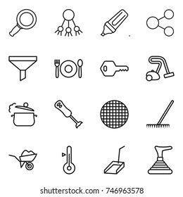 thin line icon set : magnifier, share, marker, funnel, cafe, key, vacuum cleaner, steam pan, blender, sieve, rake, wheelbarrow, thermometer, scoop, plunger