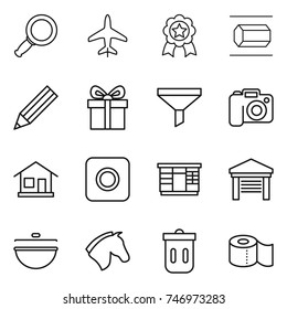 thin line icon set : magnifier, plane, medal, nano tube, pencil, gift, funnel, camera, home, ring button, wardrobe, garage, cauldron, horse, trash bin, toilet paper