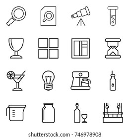 thin line icon set : magnifier, search document, telescope, vial, wineglass, window, sand clock, cocktail, bulb, coffee maker, vegetable oil, measuring cup, bank, wine, skysrcapers cleaning