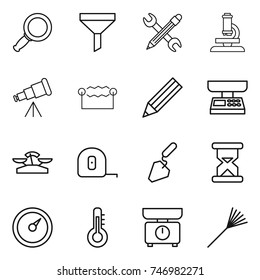 thin line icon set : magnifier, funnel, pencil wrench, microscope, telescope, electrostatic, market scales, measuring tape, construction, sand clock, barometer, thermometer, kitchen, rake