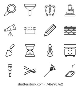 thin line icon set : magnifier, funnel, alarm clock, microscope, telescope, electrostatic, pencil, brick wall, construction, sand, thermometer, kitchen scales, handle, pruner, rake, scoop