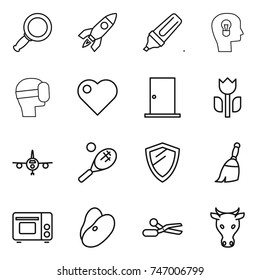 thin line icon set : magnifier, rocket, marker, bulb head, virtual mask, heart, door, perishable, plane, tennis, shield, broom, grill oven, beans, scissors, cow