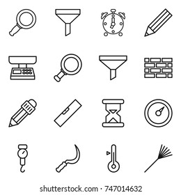 thin line icon set : magnifier, funnel, alarm clock, pencil, market scales, brick wall, level, sand, barometer, handle, sickle, thermometer, rake
