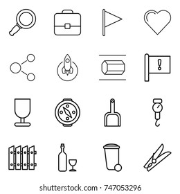 thin line icon set : magnifier, portfolio, flag, heart, molecule, rocket, nano tube, important, fragile, compass, scoop, handle scales, fence, wine, trash bin, clothespin