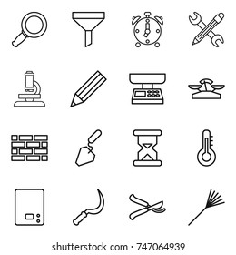 thin line icon set : magnifier, funnel, alarm clock, pencil wrench, microscope, market scales, brick wall, construction, sand, thermometer, kitchen, sickle, pruner, rake