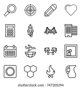 thin line icon set : magnifier, target, pencil, heart, calculator, spark plug, bridge, houses, calendar, plane shipping, palm hammock, flower in window, ring button, honeycombs, fire, jug