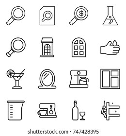 thin line icon set : magnifier, search document, dollar, flask, building, arch window, acid, cocktail, mirror, coffee maker, measuring cup, wine, skyscrapers cleaning