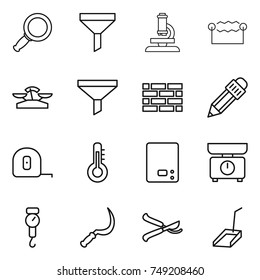 thin line icon set : magnifier, funnel, microscope, electrostatic, scales, brick wall, pencil, measuring tape, thermometer, kitchen, handle, sickle, pruner, scoop