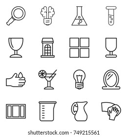 thin line icon set : magnifier, bulb brain, flask, vial, wineglass, building, window, fragile, acid, cocktail, mirror, measuring cup, jug, wiping