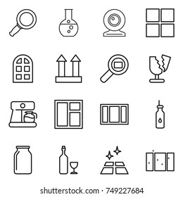 thin line icon set : magnifier, round flask, web cam, window, arch, cargo top sign, search, broken, coffee maker, vegetable oil, bank, wine, clean floor