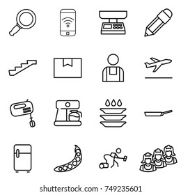 thin line icon set : magnifier, phone wireless, market scales, pencil, stairs, package box, workman, departure, mixer, coffee maker, plate washing, pan, fridge, peas, vacuum cleaner, outsource