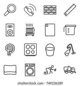 thin line icon set : magnifier, call, brick wall, ruler, speaker, radiator, cutting board, measuring cup, elecric oven, hob, bucket, vacuum cleaner, sponge, washing machine, home cleaning
