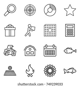thin line icon set : magnifier, target, circle diagram, star, gift, courier, cpu, calculator, modern architecture, house, calendar, fish, field, fire, flower