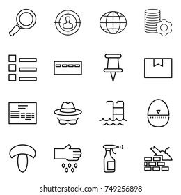 thin line icon set : magnifier, target audience, globe, virtual mining, list, bunker, pin, package box, invoice, confidential, pool, egg timer, mushroom, sow, sprayer, construct garbage