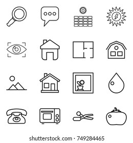thin line icon set : magnifier, message, sun power, eye identity, home, plan, house, landscape, flower in window, drop, phone, grill oven, scissors, tomato