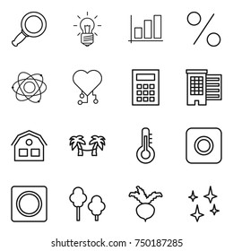 thin line icon set : magnifier, bulb, graph, percent, atom, cardio chip, calculator, houses, house, palm hammock, thermometer, ring button, trees, beet, shining