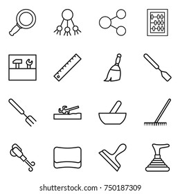 thin line icon set : magnifier, share, abacus, tools, ruler, broom, spatula, big fork, soil cutter, mortar, rake, blower, sponge, scraper, plunger