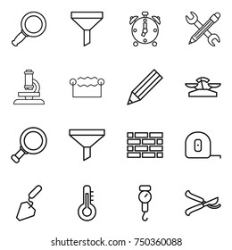 thin line icon set : magnifier, funnel, alarm clock, pencil wrench, microscope, electrostatic, scales, brick wall, measuring tape, construction, thermometer, handle, pruner