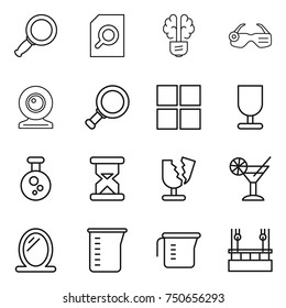 thin line icon set : magnifier, search document, bulb brain, smart glasses, web cam, window, fragile, chemical, sand clock, broken, cocktail, mirror, measuring cup, skysrcapers cleaning