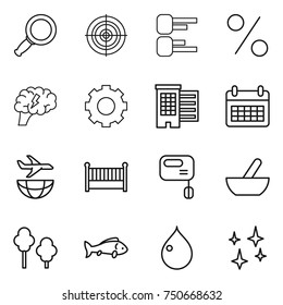 thin line icon set : magnifier, target, diagram, percent, brain, gear, houses, calendar, plane shipping, crib, mixer, mortar, trees, fish, drop, shining