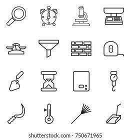 thin line icon set : magnifier, alarm clock, microscope, market scales, funnel, brick wall, measuring tape, construction, sand, kitchen, handle, sickle, thermometer, rake, scoop