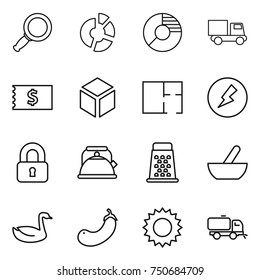 thin line icon set : magnifier, circle diagram, truck, receipt, 3d, plan, electricity, locked, kettle, grater, mortar, goose, eggplant, sun, sweeper